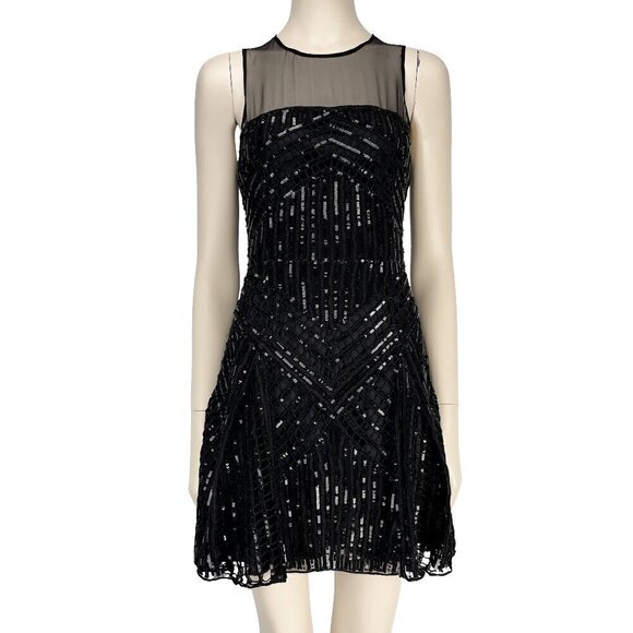 PARKER Designer LBD 100% Silk Sequins Sheer Fit-and-Flare Mini Black Dress sz 6 - Picture 2 of 10